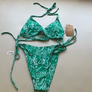 Samiol Bikini Set Small Green Floral Triangle Bikini Top Tie Side Bikini Bottom
